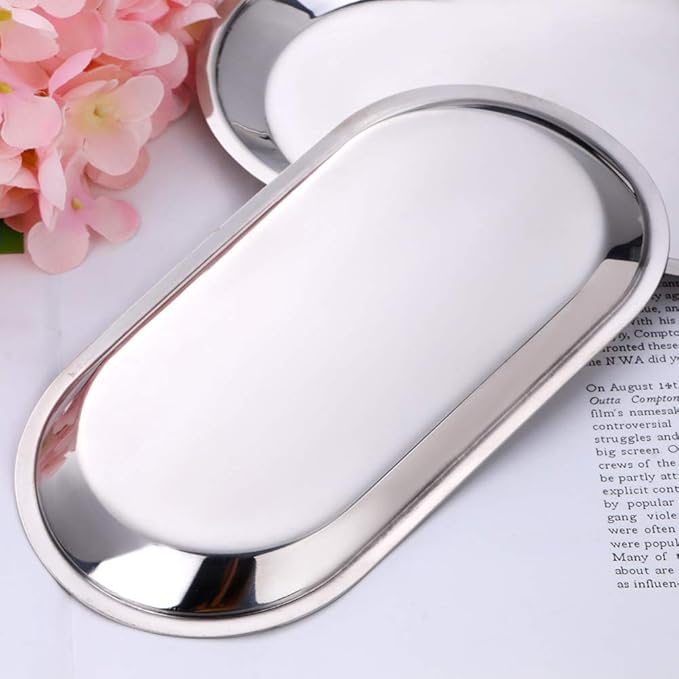 Buyer star Silver 2PCS 7.3inch Stainless Steel Oval Tray Fruit Trays Storage Tray Dish Plate Cosmetics Jewelry Decorative Organizer