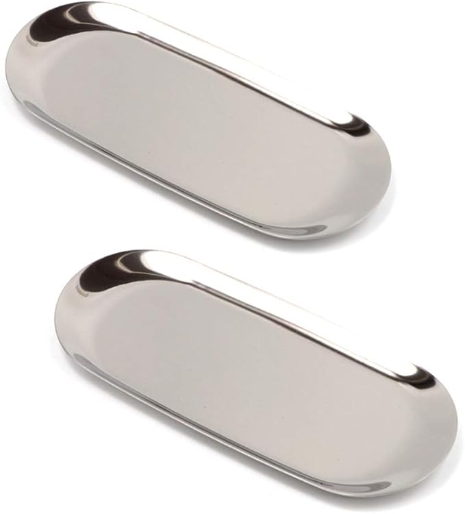 2 Pack 9in Stainless Steel Storage Tray, Premium Metal Organizer Plate to Hold Fruit, Tea, Cosmetics, Jewelry, Oval Stainless Steel Towel Tray for Vanity, Bathroom, Closets (Silver)