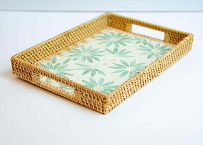 Magenta & Teal Decorative Rectangle Rattan Serving Tray 13x9 inch Mother of Pearl Inlay, Wicker Coffee Table Decor, Farmhouse (Light Blue Flower Pink)