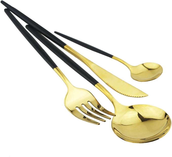 JASHII 24 Piece Titanium Black And Golden Plated Stainless Steel Flatware Set, Black Handle With Golden Mouth Silverware Set Black And Golden Cutlery Set Service for 6 (Handle Black,Shiny Golden)