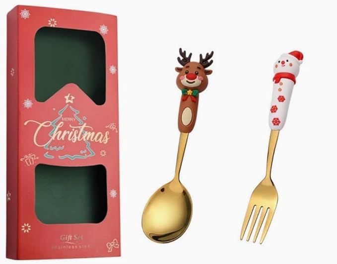 Christmas Cutlery Gift Set of 2 Pieces – Reindeer Spoon & Snowman Fork, Titanium Gold Stainless Steel with Greeting Card, Elegant Holiday Dining & Gift