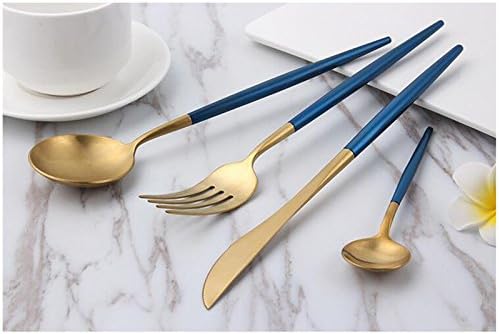 Lots 4pcs 304 Stainless Steel Tableware Dinner Spoon Fork Knife Flatware Serving Sets Spoons Forks Knives，Blue + Gold-4