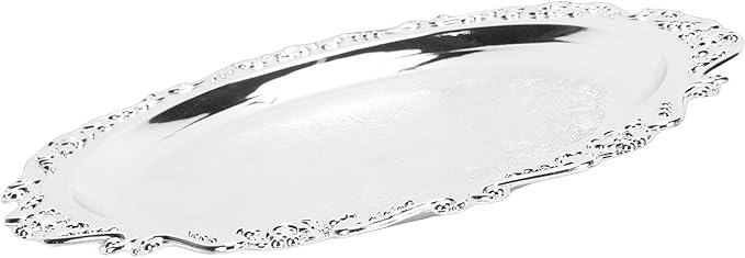 Cosiki Floral Engraved Serving Platter, Vintage Mirror Decorative Tray, Silver Retro Design Serving Tray with Elegant Finish, Ideal for Kitchen, Home Party & Buffet Chips Fruits Whiskey (20cm)