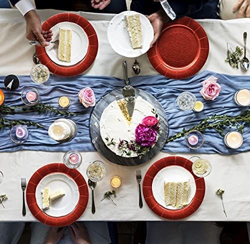24 Disposable Red Round Charger Plates 13" Christmas Dinner Serving Tray Heavy Duty Reusable Paper Cardboard Platters for Table Setting Place Mats Cupcake Dessert Birthday Parties Weddings Food Safe