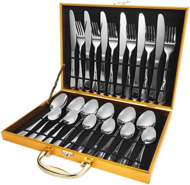 Stainless Steel Flatware Serving Set,Home Kitchen Eating Tableware Set,Dishwasher Safe,for Home Kitchen Restaurant Hote 24-Piece Tableware Set Wooden Box Stainless Steel Cutlery Knife Fork Spoon Gift