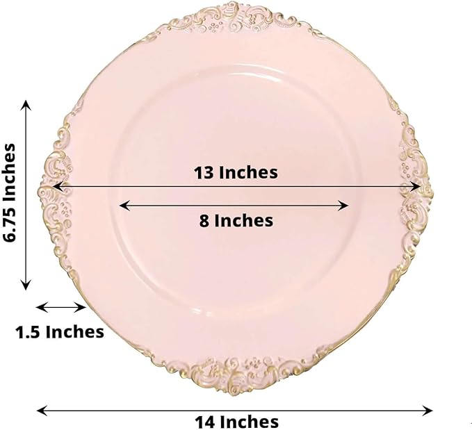 13" Charger Plates -Set of 12 - Acrylic Blush Round Baroque Disposable Chargers Leaf Embossed Rim, Ideal for Dinner Party Wedding Bulk Events