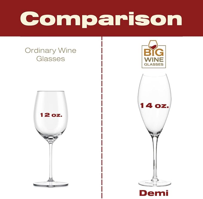 Demi Giant Wine Glass - Premium Crystal Wine Glasses Set of 2 - Fits Entire 750 ml Bottle