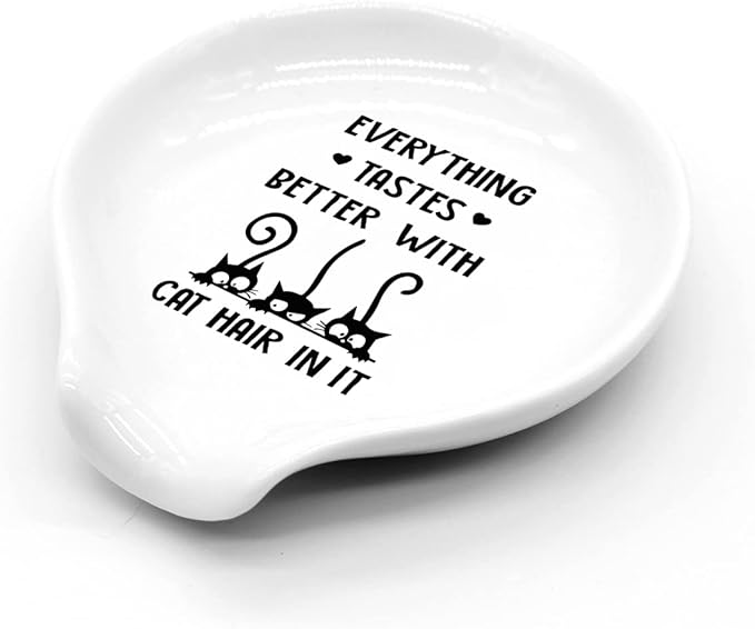 Funny Black Cats Coffee Spoon Rest-Black and White Ceramic Coffee Spoon Holder-Every Thing Tastes Better With Cat Hair Sign-Gifts for Cat Lovers