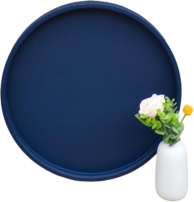 20-inch Round Ottoman Serving Tray - Textured PU Leather Coffee Table Decor, Waterproof Heat-Resistant Large Organizer for Home, Office, Bed & Party Essentials (Navy Blue, 20in)