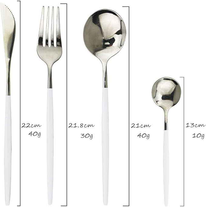JASHII 24 Piece Titanium White Plated Stainless Steel Flatware Set, Flatware Set, Cutlery Set Service for 6 (White Handle, Shiny Silver)