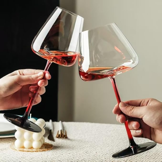 LEMONSODA Concave Champagne & Wine Glasses - Modern Red Stem & Black Bottom for Sparkling Wine, Rosé, Prosecco, Champagne – Handcrafted Barware, Perfect for gift (16oz, Set of 4)