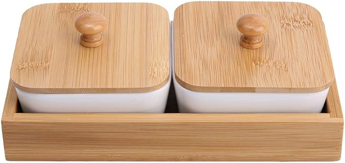 Ceramic Appetizer Serving Plate with Tray Cover, Snack Serving Plate for Fruits Nuts Desserts, BPA - Free White Ceramic Square Bowl with Separate Compartments, Modern Design (Two compartments with