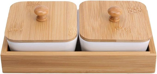 Ceramic Appetizer Serving Plate with Tray Cover, Snack Serving Plate for Fruits Nuts Desserts, BPA - Free White Ceramic Square Bowl with Separate Compartments, Modern Design (Two compartments with