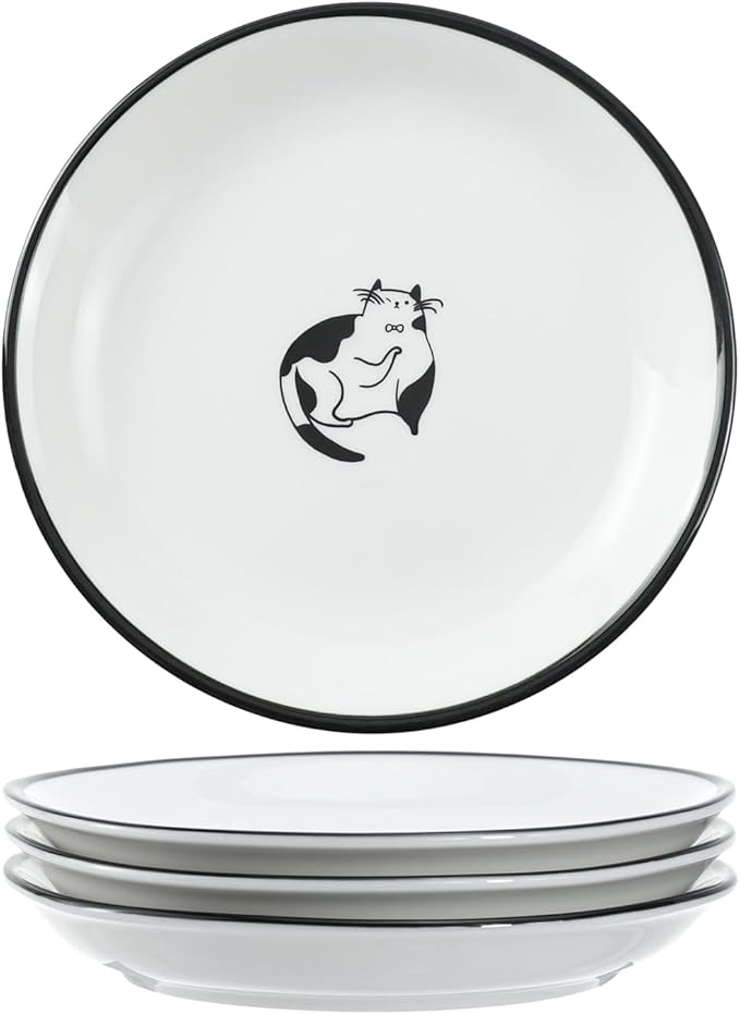 SOCOSY Cute Cartoon Gentleman and Dot Cat Ceramic Seasoning Dishes Sauce Dish Sushi Dipping Bowl Appetizer Plates Tea Bag Holder Serving Dish for Kitchen 5 Inch, Set of 4