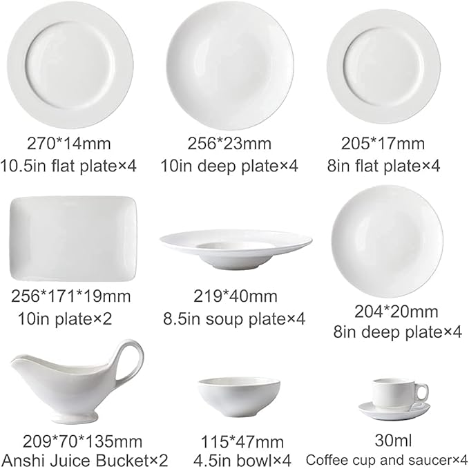 Classic 32pcs Dinnerware Sets Pure White,Elegant Ceramics Dinner Sets,Complete Porcelain Combi-Set,Fine Plates Bowls and Cups,Microwave and Dishwasher Safe,for Kitch,