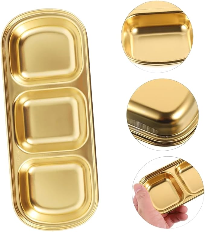 3 Piece Stainless Steel Sauce Tray, Divided Dipping Tray, 3 Compartment Appetizer Serving Tray for Sauce, Ketchup, Dressing, Silver, 8 X 3 Inches (3 Compartments in Gold Color)