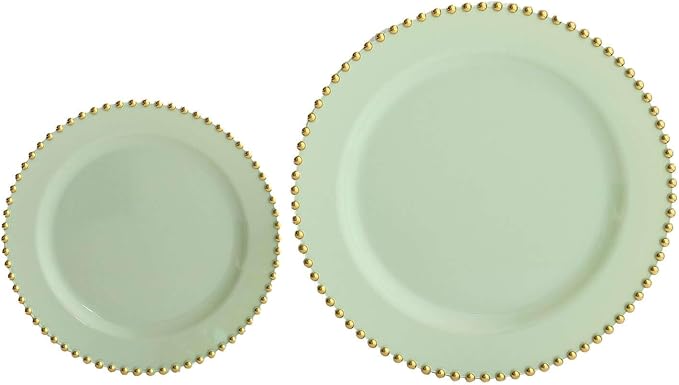 8" Salad Plates - Set of 10 - Plastic Sage Green/Gold Round Disposable Dessert Appetizer Plate Beaded Rim, Ideal for Dinner Party Wedding Bulk Events