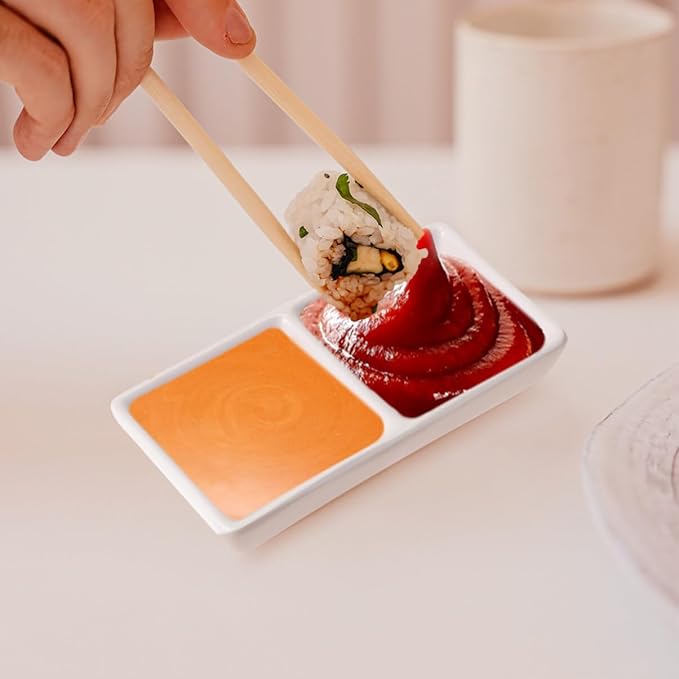 Kichvoe 2-Compartment Ceramic Snack Dish Divided Sauce Plates Appetizer Serving Tray for Soy Sauce Vinegar Ketchup Condiments 4.72X2.75In Ideal for Home Kitchen Gatherings