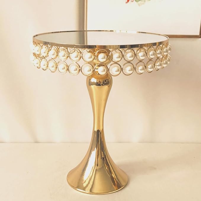 10 Inches 25cm Gold Round Mirror Cake Stand Cupcake Stands Metal Pedestal Holder with Pearls, Party Dessert Cheese Display Plate for Wedding Party Birthday Baby Shower Celebration Home Decoration