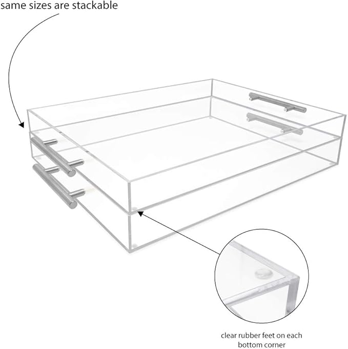 Isaac Jacobs Clear Acrylic Serving Tray (14x18) with Silver Metal Handles, Spill-Proof, Stackable Organizer, Food & Drinks Server, Indoors/Outdoors, Lucite Storage (14x18, Clear with Silver Handle)