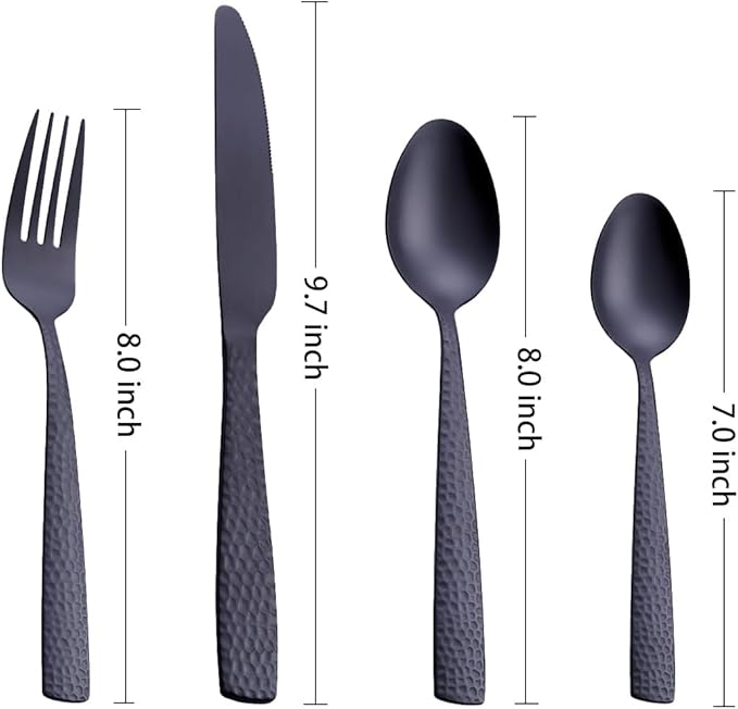 Matte Black 24 Pcs Silverware Flatware Set of 6, FULLYWARE Stainless Steel Hammered Tableware Cutlery Set, Includes Fork Spoon Knife for Home Kitchens, Dishwasher Safe