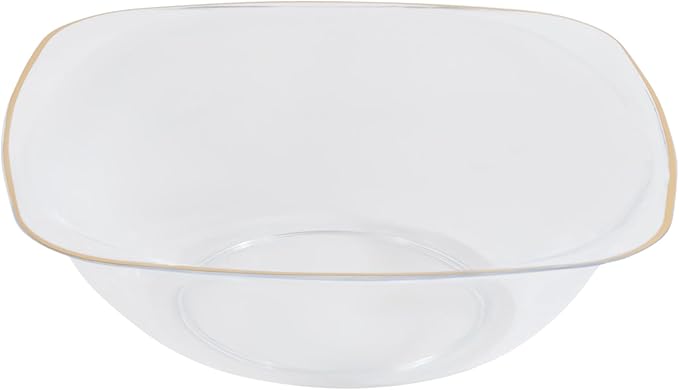 PLASTICPRO White Plastic Organic Party Square Dessert bowls Clear With Gold Rim Elegant Disposable Tableware Dishes 6 OZ 32 Count