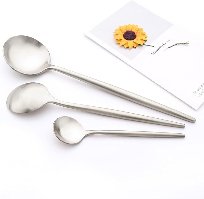 30PCS Matte Round Handle Flatware Set Service For 6, 18/10 Stainless Steel Cutlery Daily Use Tableware Include Cake Fork Teaspoon Set For Home Restaurant Party (Silver)