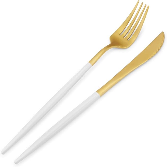 Matte Gold Silverware Set with white handle, Bysta 5-Piece Stainless Steel Flatware Set, Kitchen Utensil Set Service for 1, Tableware Cutlery Set for Home and Restaurant, Satin Finish, Dishwasher Safe