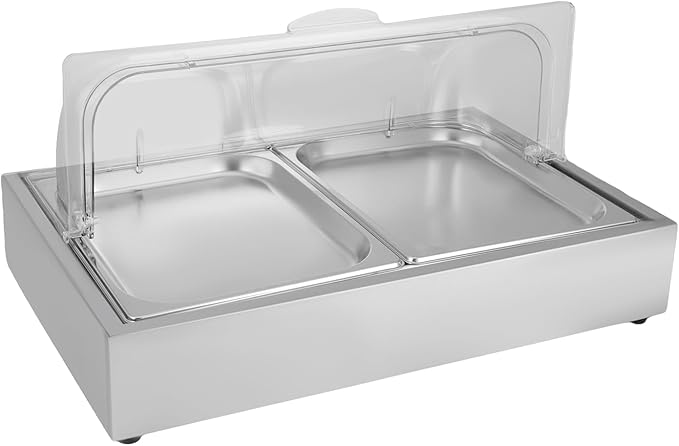 Ice Food Serving Display Tray, 3L 2 Pan Spice Display Salad Dressing Cooler Food Dishes Display Plate Case w/Clear Roll Top Cover for Outdoor Buffets Parties & Restaurant (Silver)