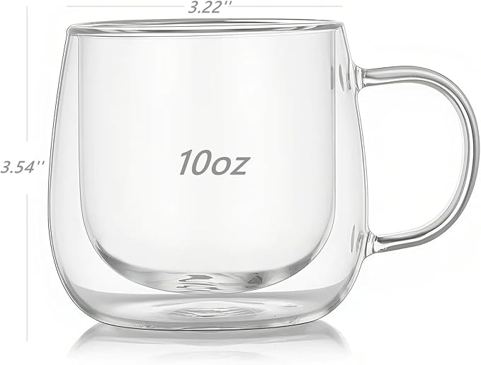 BEoneBEwin 10oz Double Walled Glass Coffee Mugs Set of 2, Clear Insulated Mug for Cappuccino, Latte, Borosilicate Glass Cup, Heat & Cold Resistant Glasses