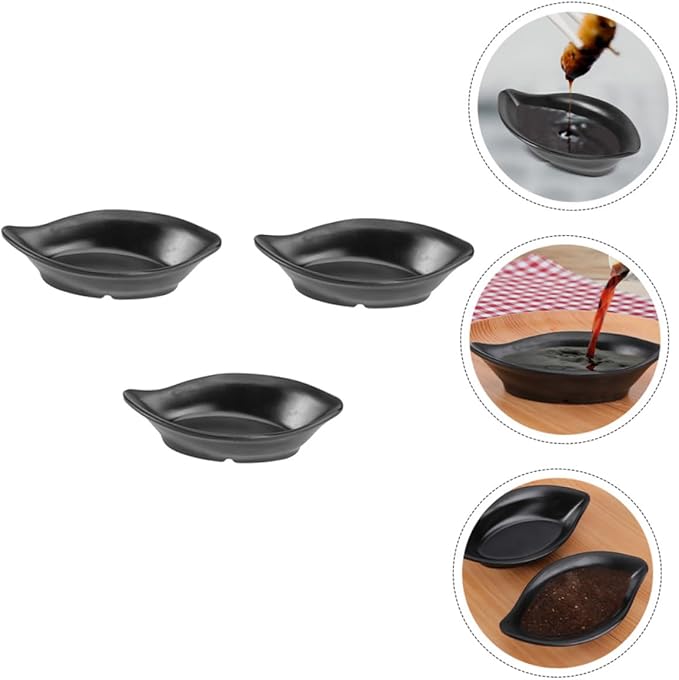 OUNONA 3-Piece Sauce Dipping Bowls Set Imitative Ceramic Condiment Plates Black Easy to Clean Suitable for Appetizers and Snacks