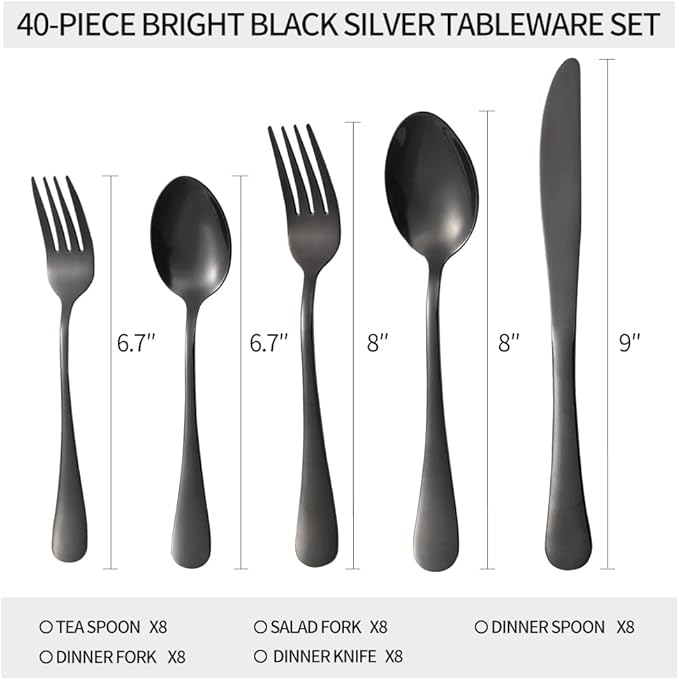 Black Silverware Set 40 Piece for 8, Stainless Steel Flatware Cutlery Set with Forks and Spoons, Kitchen Utensils Set, Dishwasher Safe