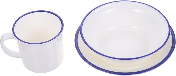 PRETYZOOM Vintage Enamel Dinnerware White Blue Rim Plate Bowl Cup Kit Food Grade Tableware for Home Camping Picnic Restaurant Use with Non Slip Base and Easy Clean Surface