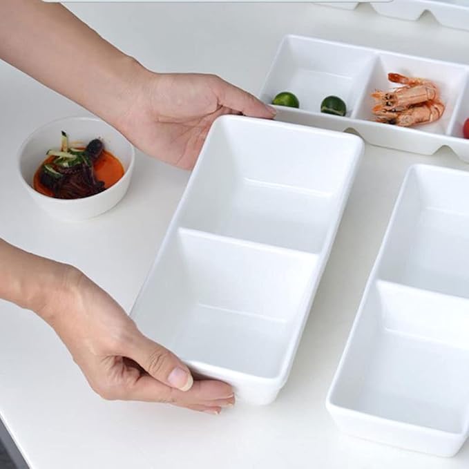 Appetizer Bowls White Poecelain Soy Sauce Dish 2 Compartment Appetizer Plate Tray Divided Dipping Sauce Dishes for Sushi Ketchup Appetizer Serving (9.84inch Salad Bowls