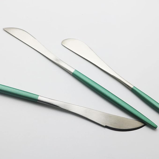 JASHII Matte Silver Dinner Knife Set,9-inch 304 Stainless Steel Steak Knife Set of 6, Dishwasher Safe, Modern Design with Green Handle.
