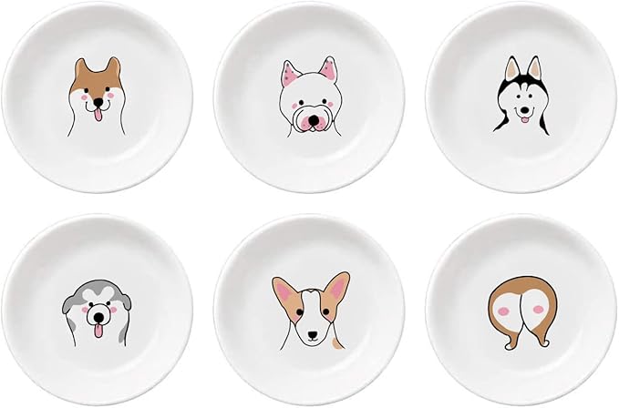 Funny Dogs Head and Butt Pattern Ceramic Sauce Dishes, Seasoning Dishes, Sushi Soy Dipping Bowls, Appetizer Plates, Dessert Plates, Little Cat Bird Feeding Bowls, Set of 6-Dogs-3.5 Inch