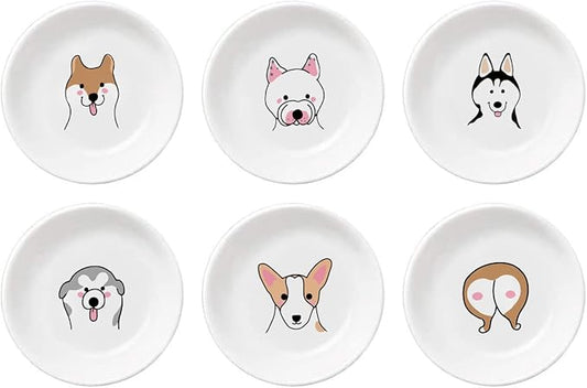 Funny Dogs Head and Butt Pattern Ceramic Sauce Dishes, Seasoning Dishes, Sushi Soy Dipping Bowls, Appetizer Plates, Dessert Plates, Little Cat Bird Feeding Bowls, Set of 6-Dogs-3.5 Inch