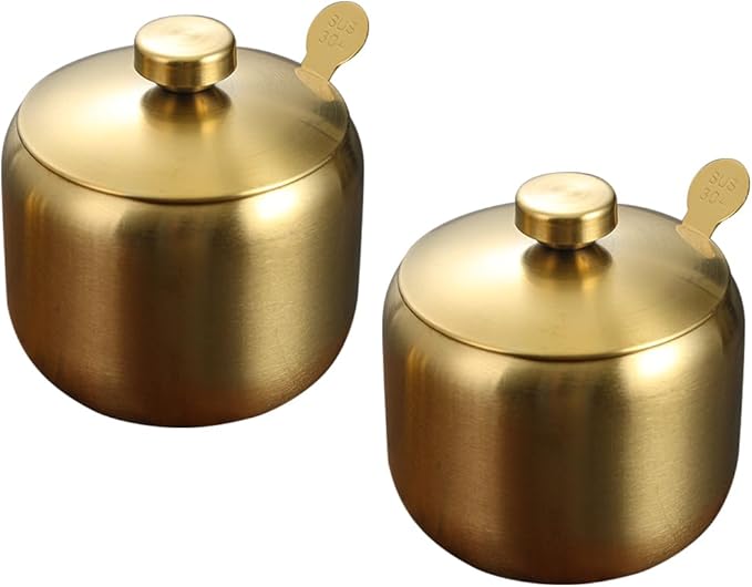 304 Stainless Steel Sugar Bowl with Lid and Spoon Salt Pepper Spices Bowl Spice Jar Seasoning Pot Condiment Container for Home Kitchen 14.5oz/430ml (Gold 1, 2PCS)