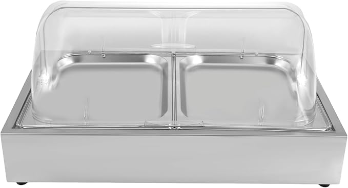 2 Pan Countertop Food Display Container with Roll Top Cover, Stainless Steel Ice Food Serving Tray, 3.17Qt Cold Food Buffet Server for Restaurant Kitchen Party (Silver)