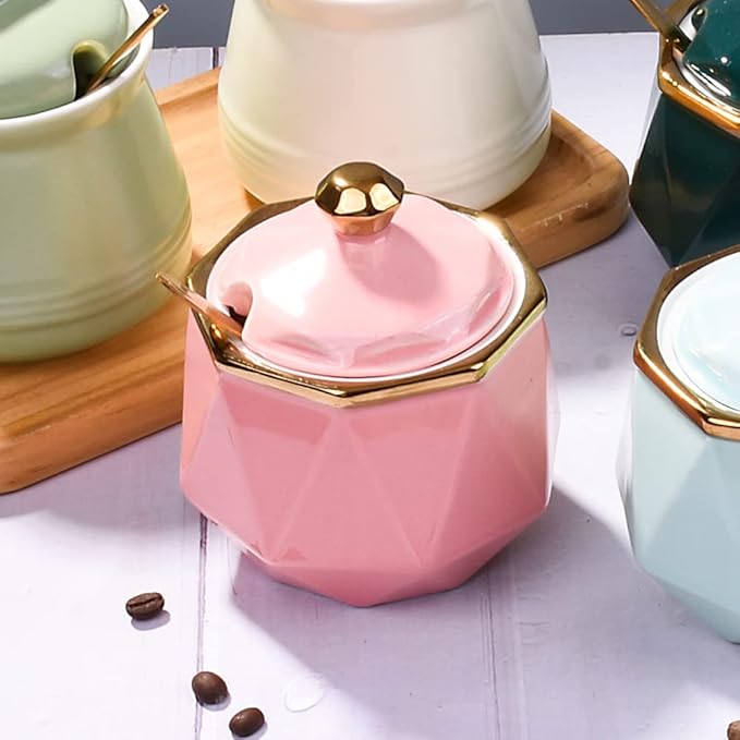Sugar Bowl with Lid and Spoon, 9.5 oz Ceramic Sugar Bowl,Multi-Function Sugar Container Spice Container Salt Jar Condiment Bowls Sugar Jar for Kitchen Storage Organization 9.5 oz（280ml (Pink)