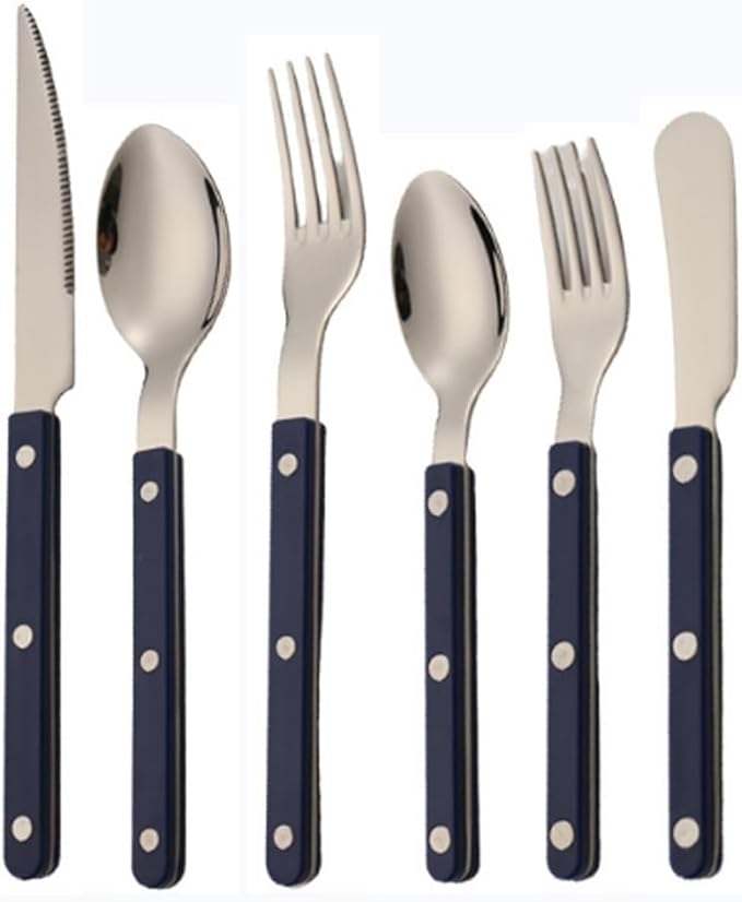 ABS Rivet Handle Marble Pattern Handle Kitchen Stainless Steel Silverware Tableware Flatware Cutlery Knives Forks Spoons Set,Butter Knife Dessert Spoon Fork (Blue,6 pieces)