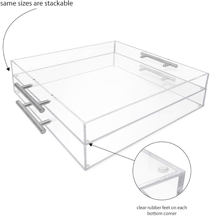 Isaac Jacobs Clear Acrylic Serving Tray (15x15) with Silver Metal Handles, Spill-Proof, Stackable Organizer, Food & Drinks Server, Indoors/Outdoors, Lucite Storage (15x15, Clear with Silver Handle)