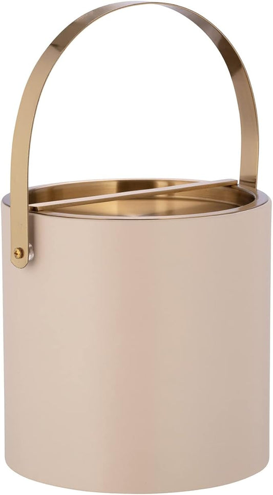 Kraftware SANTA BARBARA 3qt Ice Bucket with Brushed Gold Arch Handle & Bridge Cover: Taupe