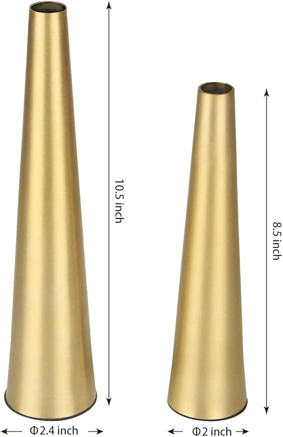 Vixdonos 10.5/8.5 inch Gold Metal Vase Small Dried Flower Vase Set of 2 Taper Vase for Wedding Table Centerpiece Decorations, Home Decor (Gold)