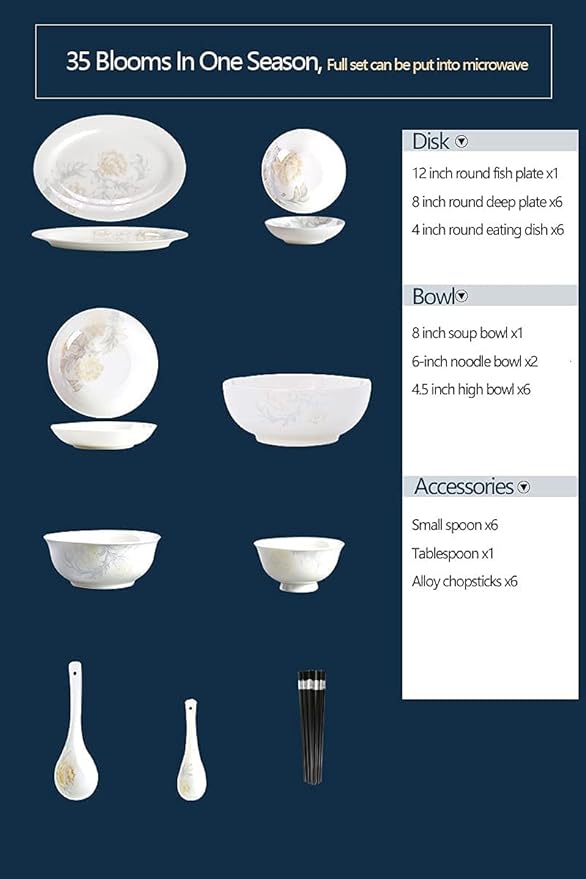 Dinnerware Sets - Luxury Gift Dishes Service Set, 35,56,60PCS Ceramic Dinnerware Set Bone China Tableware Dishes Plates Ceramic Combination Dinner Service Set Porcelaine Service for 10 (35 Pieces)
