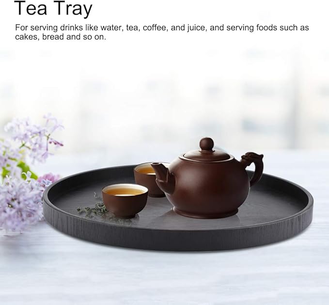 Tbest Black Round Wood Serving Tray, Solid Wood Tea Coffee Snack Food Meals Tray, Restaurant Trays