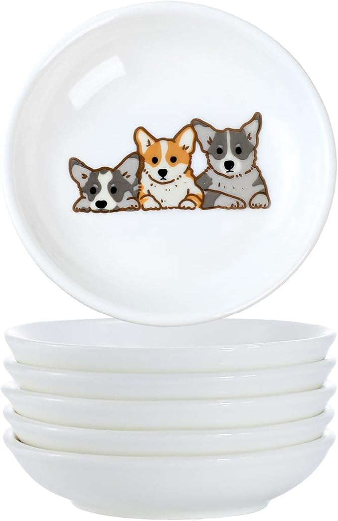 Cute Cartoon Animals Pattern Ceramic Sauce Dishes, Seasoning Dishes, Sushi Soy Dipping Bowls, Appetizer Plates, Dessert Plates, Little Cat Bird Feeding Bowls, Set of 6-Corgi-A-3.5 Inch