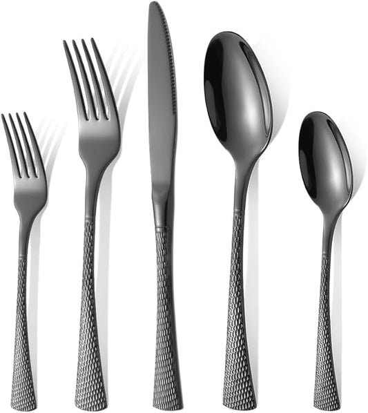 Hammered Black Silverware Set,20 Piece Modern Flatware Set Service for 4,Mirror Polished Stainless Steel Cutlery Set Utensil Set Tableware Set,Kitchen Knives Forks Spoons Set,Dishwasher Safe ﻿