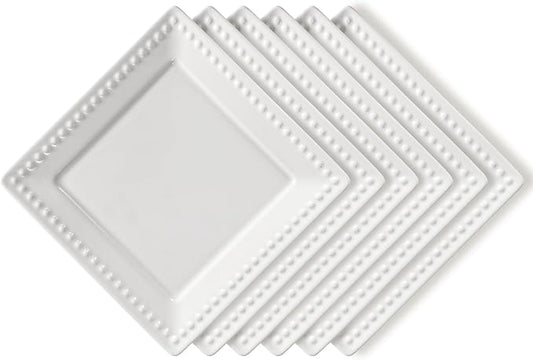 Embossed Ceramic Appetizer & Dessert Plates - Set of 6, 6 inch White Square Dinner Plates for Snack & Restaurant, Dishwasher & Microwave Safe