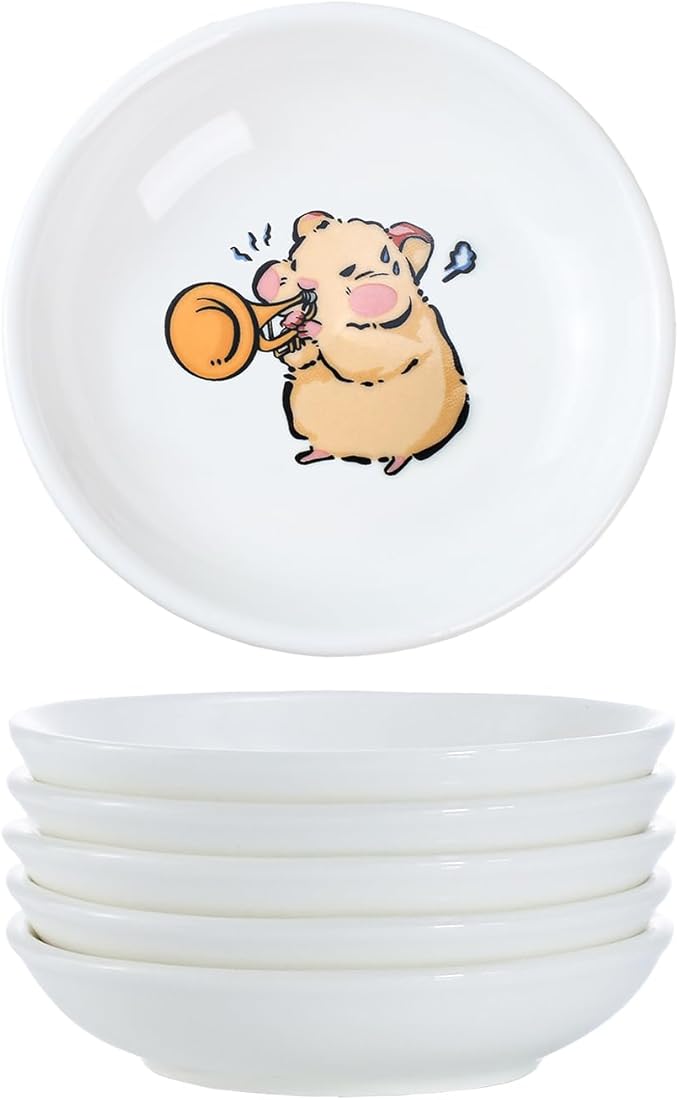 SOCOSY Super Cute Cartoon Animals Ceramic Sauce Dishes, Seasoning Dishes, Little Cat Dog Bird Feeding Bowls, Sushi Soy Dipping Bowls, Appetizer Plates, Dessert Plates-Busy Hamster-3.5 Inch